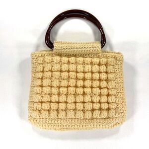 Vintage 70's Ivory Cream Bubble Knit Crochet Handbag with Plastic Handles Retro